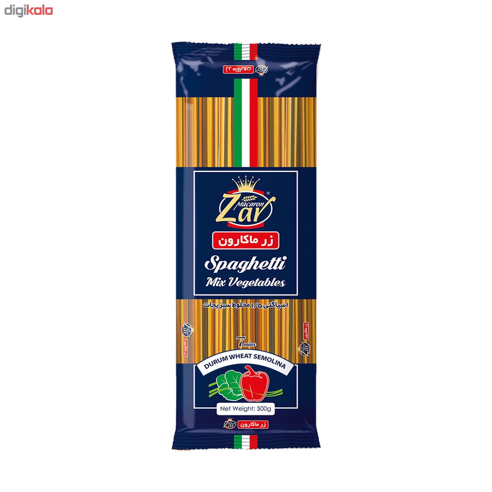 Spaghetti diameter 1.5 mixed vegetables zar macaroni quantity 500 grams