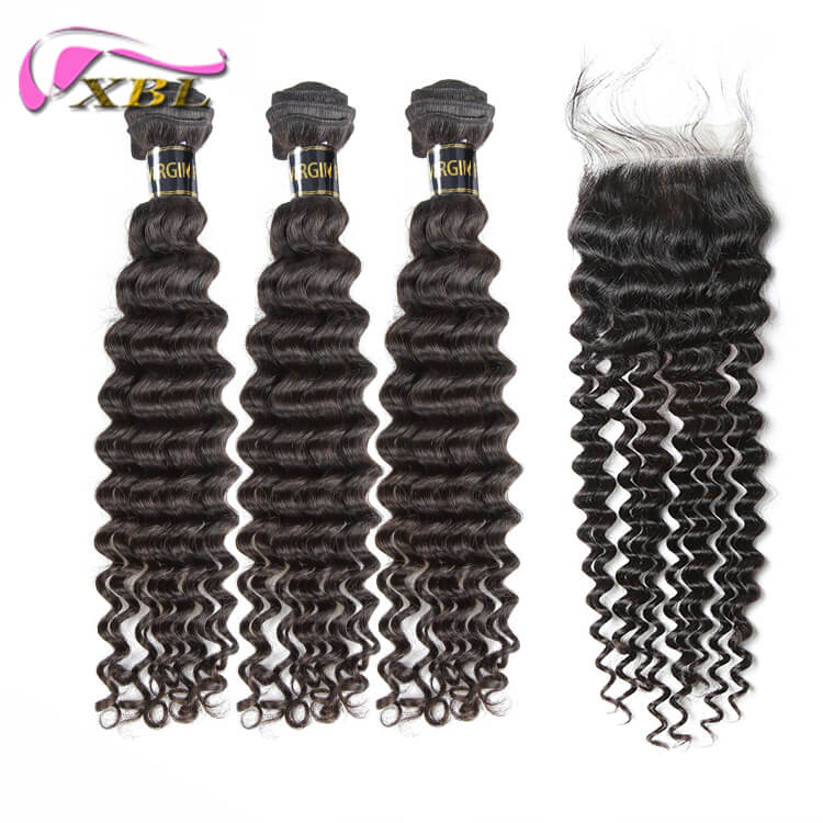 10A Deep Wave 3 Bundles with 4*4 Lace Closure Hair Virgin